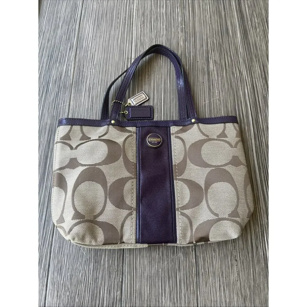 Coach Signature Stripe Satchel With Patent Leather Trim Handbag Purple F25771